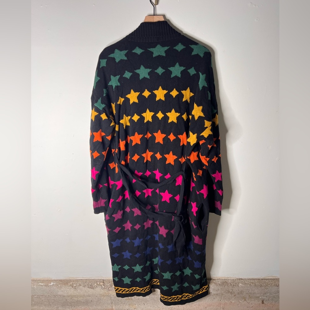 Modcloth Stars Duster Black Rainbow Long Cardigan Belted Stardom Retro XL Rare - Picture 7 of 7